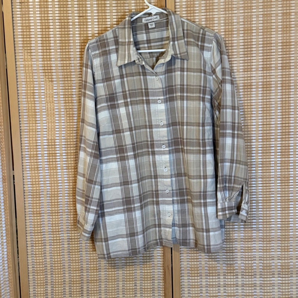 Coldwater Creek Womens Large Tan Beige Plaid Button Down 100% Cotton Shirt L